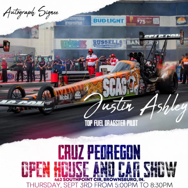 Coming to the Big Go? Make sure to stop by Cruz Pedregon’s open house and car show on Thursday! I’ll be there signing autographs and can’t wait to see you!

@scagracing | @scagmowers | @nhra | @impactbymcs | @mactools38 | @mobil1racing | @mobil1 | @fasttz1 

#DragRacing #NHRA #TopFuel #Dragster #Fast