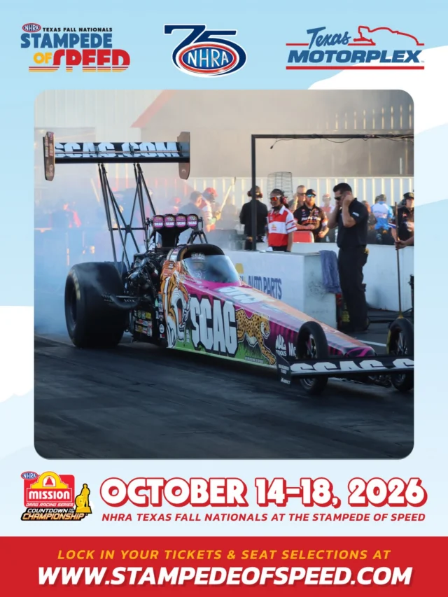 Big speed. Big stakes. BIG Texas energy. 🤠🔥 The NHRA Texas Fall Nationals are coming to Texas Motorplex October 14-18!

Don’t wait to lock in your spot! 🎟️ www.stampedeofspeed.com

@scagracing | @scagmowers | @nhra | @impactbymcs | @mactools38 | @mobil1racing | @mobil1 | @fasttz1 

#DragRacing #NHRA #TopFuel #Dragster #BreastCancerAwareness