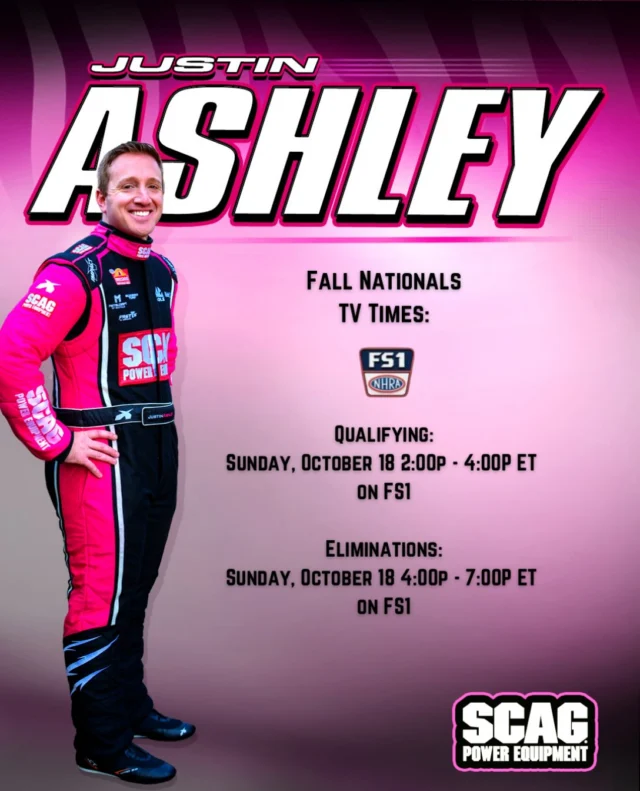 Big weekend ahead in Texas! Our SCAG team is dialed in and ready to give it everything we’ve got at the #FallNats.

Catch qualifying and Sunday eliminations on FS1, or watch every pass on NHRA.tv! 📺

@scagracing | @scagmowers | @nhra | @impactbymcs | @mactools38 | @mobil1racing | @mobil1 | @fasttz1

#DragRacing #NHRA  #BreastCancerAwareness